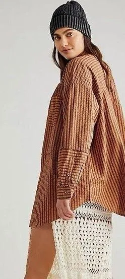 Free People Brown Striped Tunic Buttondown Top - Image 2