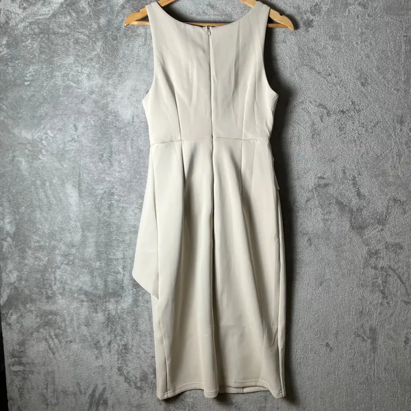 Fehaute‎ Sophisticated Beige Midi Dress Sleeveless Wrap Front Draped Bow MED New - Image 5