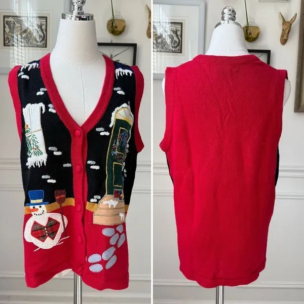 Vintage OHI Christmas Appliqué Embroidered Button Front Sweater Vest S - Image 2
