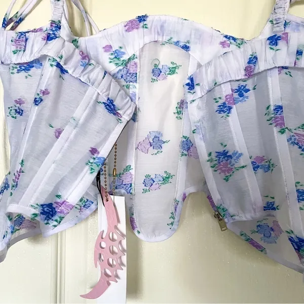 Nodress Set‎ Jacquard Ruffled Corset Mini Skirt Sheer Off-White Floral S NWT - Image 8