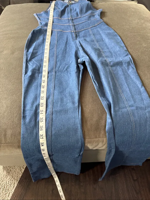 Sleeveless Sexy Blue Denim Jumpsuit Front Zip Slim Fit Retro 70s Flare Size S - Image 13