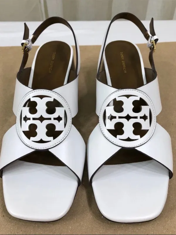 Tory Burch Miller Slingback Logo Block Heel Sandal US 9 Cloud White Leather - Image 2