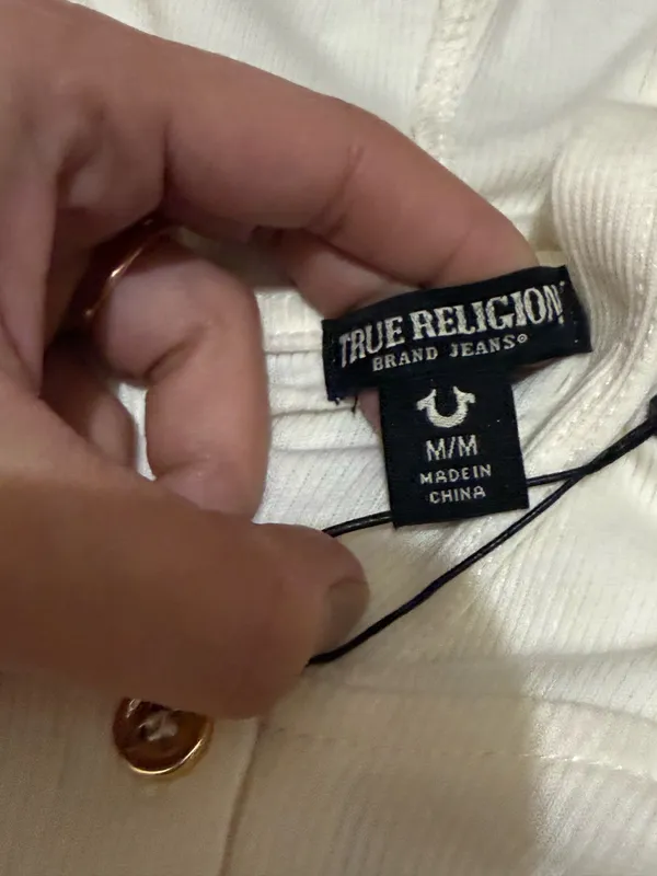 Y2K True Religion Cream Ribbed Rhinestones Wings Long Sleeve Hooded Henley Top - Image 5