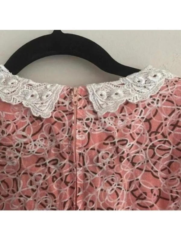 Vintage Handmade Pink Prairie Girl 1/2 Sleeve Scribble Print Dress - Image 6