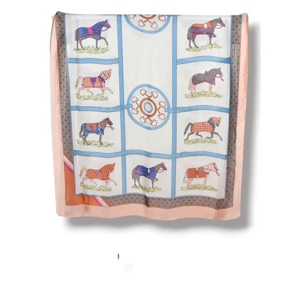 Equestrian Horse Print Satin Scarf Wrap Shawl‎ 35x70 Peach Blue Dressage Riding - Image 2