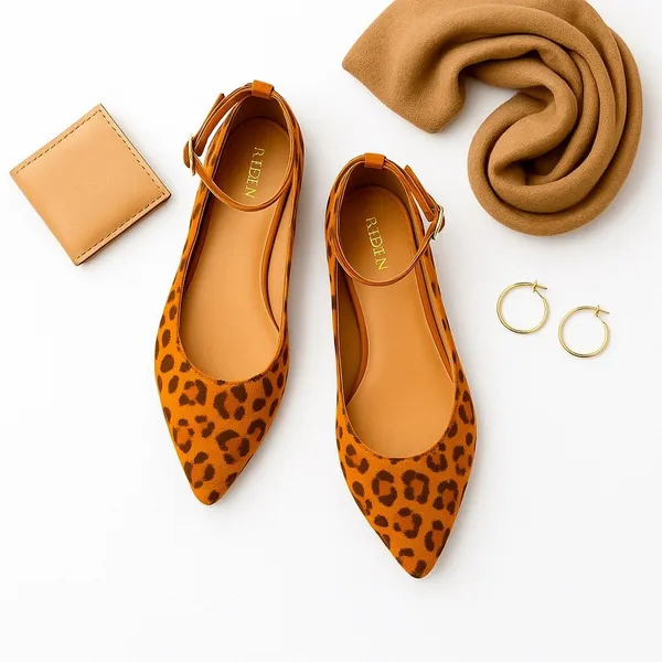 Reden Leopard Print Calf Hair Pointed Toe Ankle Strap Ballet Flats Women’s EU 39 - Image 12