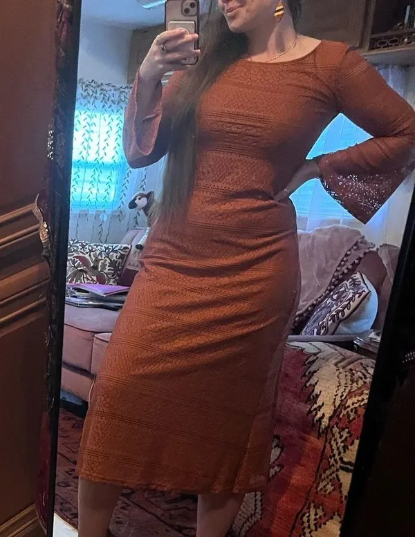 SheIn Rust brown lace overlay long sleeve midi dress - Image 8