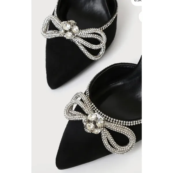 NWOT Lulus Lullie Black Rhinestone Bow Ankle Wrap Stiletto Heels Pumps Glam, 8 - Image 2