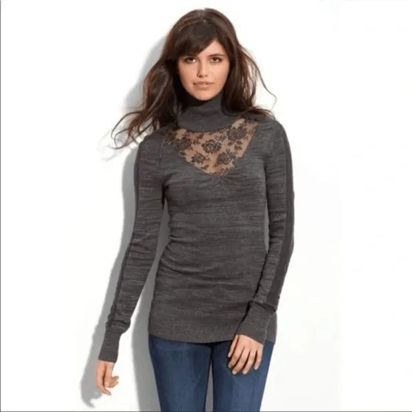 Free‎ People Navy Blue Metallic Lace Inset Turtleneck Sweater Small - Image 7