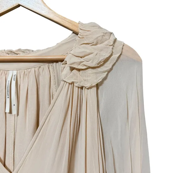 Anthropologie Cream Ruffled V-Neck Maxi Dress‎ Smocked Cuffs OB2095496 Womens M - Image 4