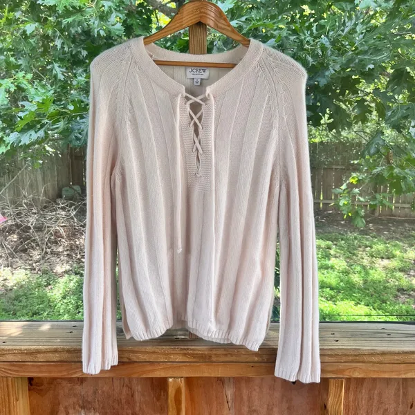 J. Crew Collection Women's 100% Cashmere Lace Up Beach Sweater Cream Size M - Image 2