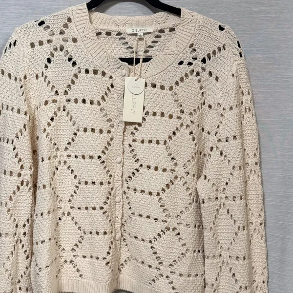 Z Supply Cream Pointelle Geometric Knit Button Cardigan Sweater ZW253328 Large - Image 5