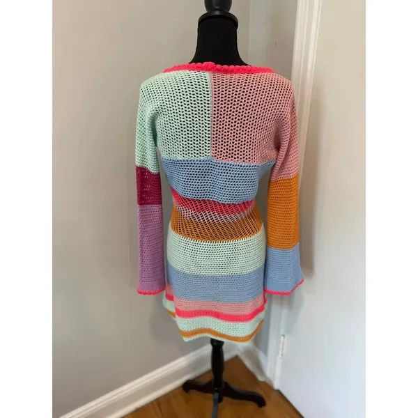 NWOT Bright colorful Y2K Boho Crochet Knit Mini Dress SzM Multi Striped Festival - Image 2