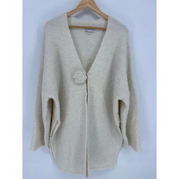 HYFVE Cardigan Sweater Womens Medium Cream Rosette Oversized Wool Blend Boucle - Image 2