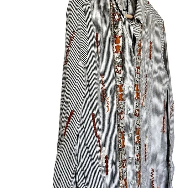 NWT Zara Collection Button down Shirt S Striped Embroidered Embellished cotton - Image 13
