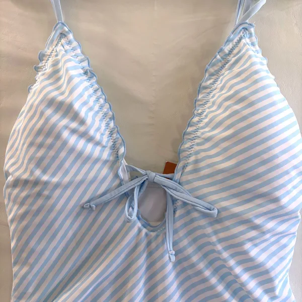 Shade & Shore Blue Striped‎ Tie Front Ruffle Cottagecore Swimsuit Medium NEW - Image 5