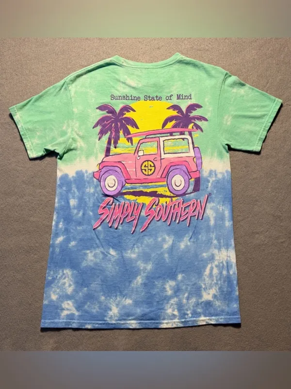Simply Southern Blue Green Tie‑Dye Tee Small “Sunshine State of Mind” Jeep - Image 2
