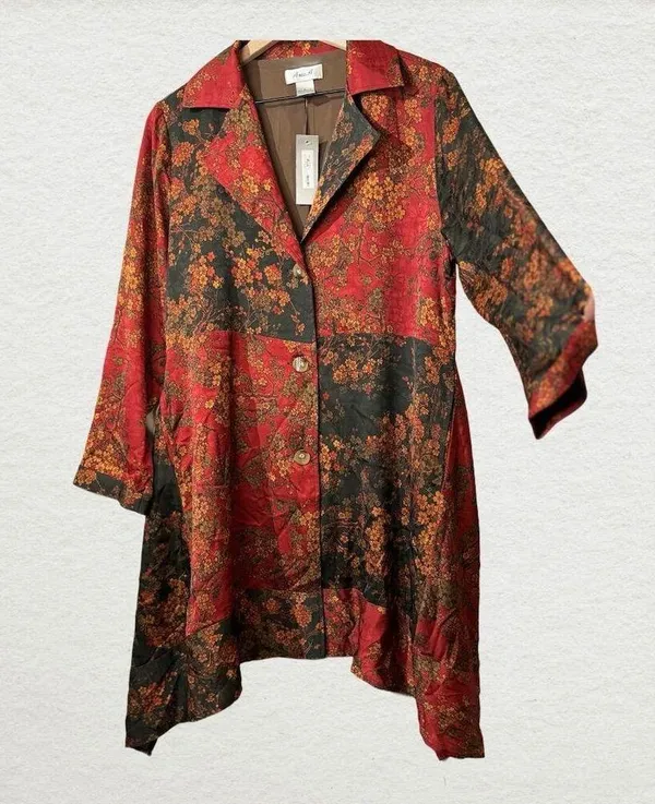NWT Ania A VTG Floral Artsy Boho Patchwork Button Asymmetrical Red Light Jacket Size L - Image 2