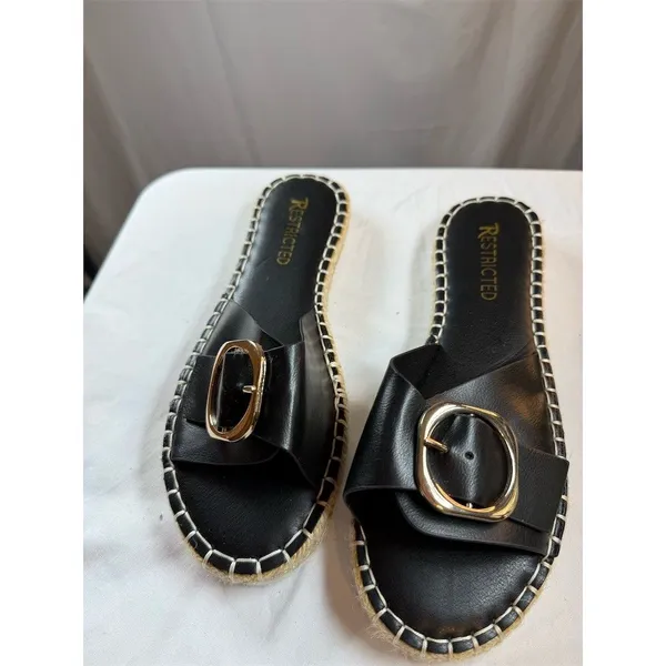 Restricted Womens Black Espadrille Slide Sandals Gold Buckle Jute Trim - Image 5