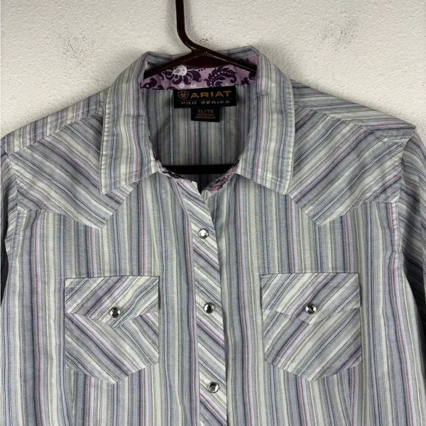 Ariat‎ Pro Series Women's XL Striped Button Up Western Shirt Bedazzled Snaps - Image 3