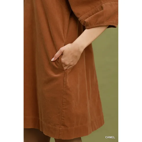 Umgee Corduroy V-Neck Puff Sleeve Shift Dress with Pockets - Camel - Small - Image 4