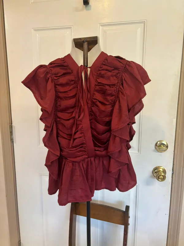 Large Entro solid burgundy ruched/ruffled peplum flutter sleeveless top. - Image 4
