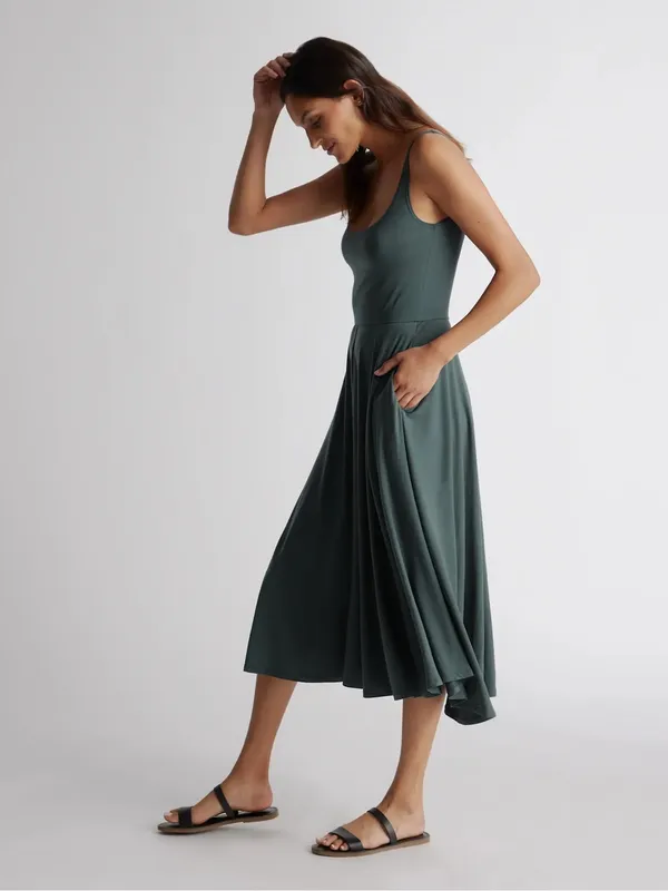 Quince Tencel Jersey Fit & Flare Dress Dark Olive Green - Image 7
