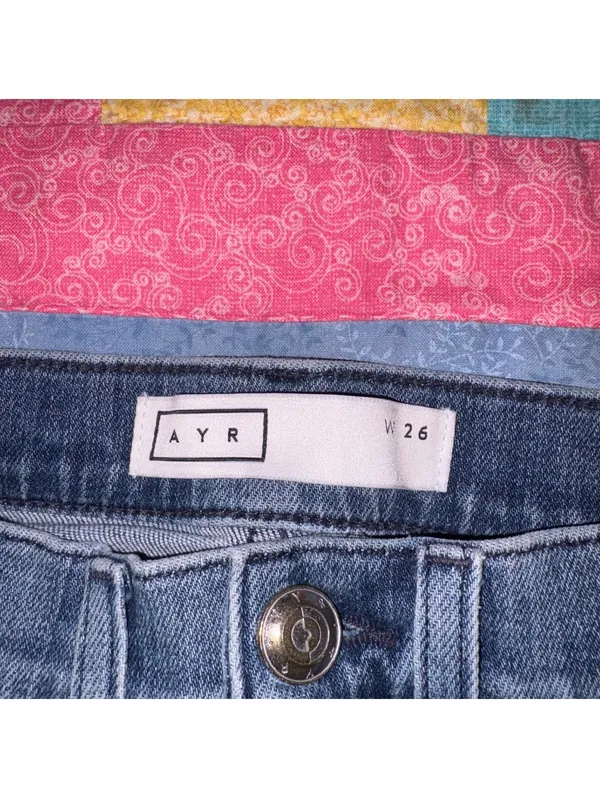 AYR $225 The Bomb Pop Women's W26 Blue Denim Jeans Med Wash Raw Hem Straight Leg - Image 8