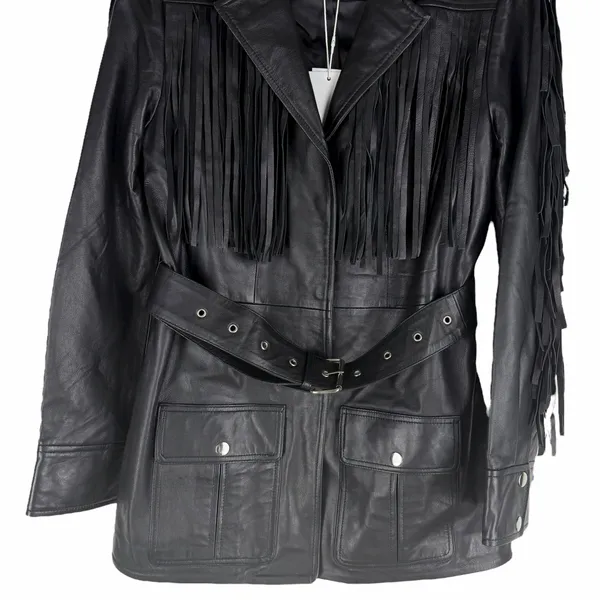 Walter Baker Linda Fringe Belted Lamb Leather Jacket Black Size S - Image 7