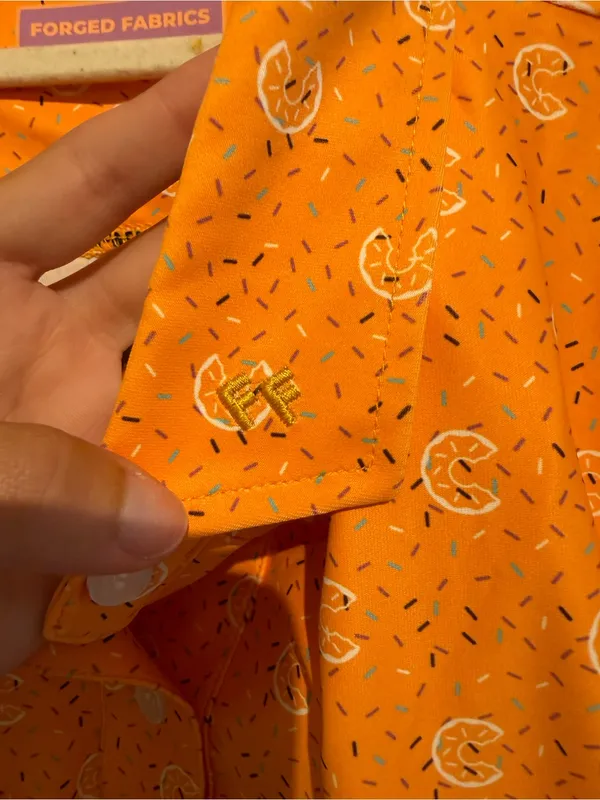 Forged Fabrics Orange Croissant Print Polo Shirt Women’s Medium NWT - Image 4
