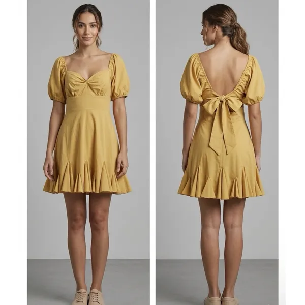 The Vintage Shop Women’s Cottagecore Dress Mustard Puff Sleeve Open Back M NWOT - Image 2
