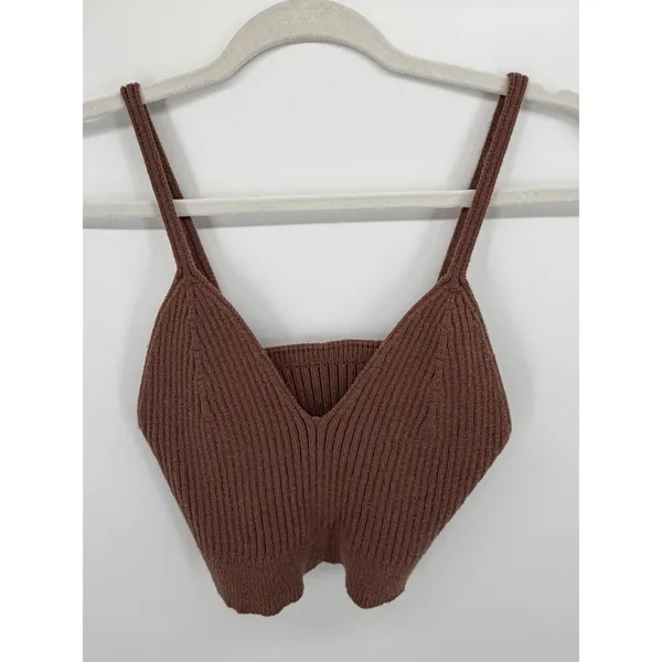 Brown Ribbed Crop Cami V Neck Spaghetti Strap Chocolate Fall M/L Size M - Image 3