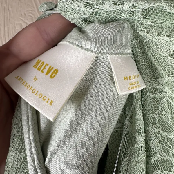 Anthropologie MAEVE Lace Mini Dress Medium Light Green Mock Neck Flutter Sleeve - Image 5