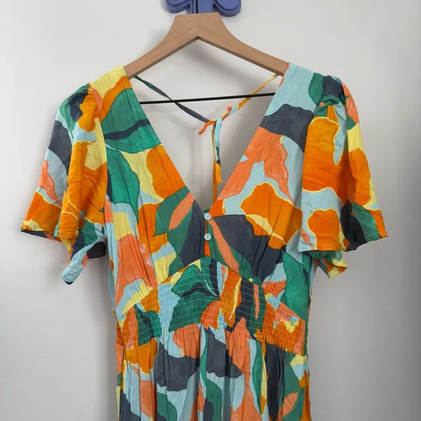 Mabel Hilda Midi Dress Green Orange Abstract Resort Tropical Groovy‎ - Image 3