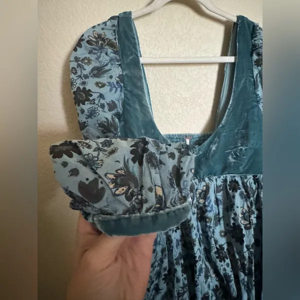 FREE PEOPLE Marsha Mini Dress Sz L Lake Combo Blue‎ Floral Boho Velvet NEW - Image 3