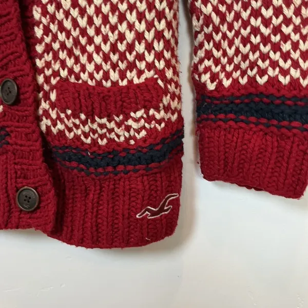 Hollister Nordic Fair Isle Shawl Collar Cardigan Red Cream Knit Sweater Small - Image 2