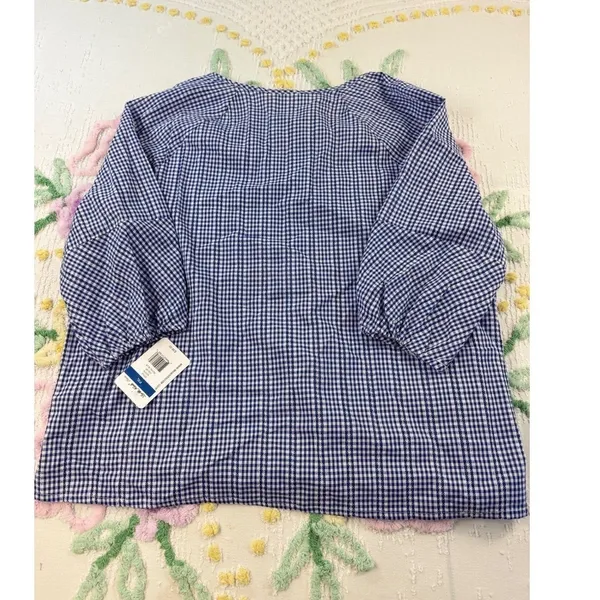 Leo & Nicole Blue‎ Gingham Cotton Blouse 3/4 Puff Sleeve Tie Neck Top Xl NEW - Image 4