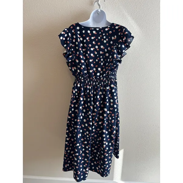 BloomChic Midi Dress Size 10 Navy Blue Polka Dot Ruffle Flutter Sleeve Smocked‎ - Image 4