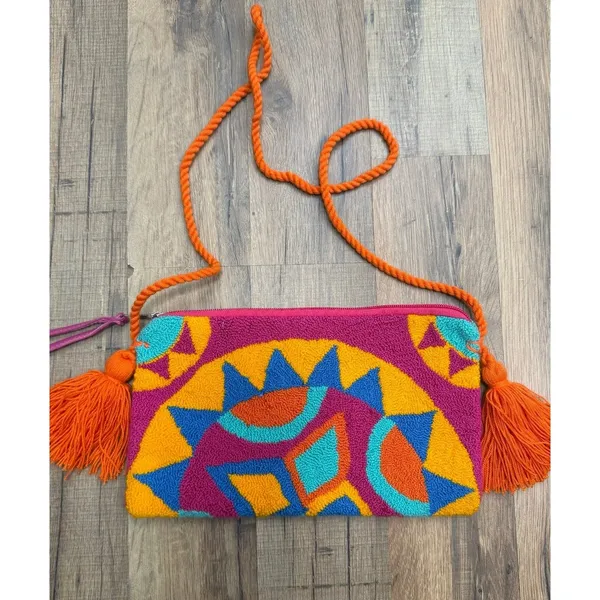 Boho Embroidered Crossbody Bag Colorful Tassel Shoulder Purse Wristlet - Image 3