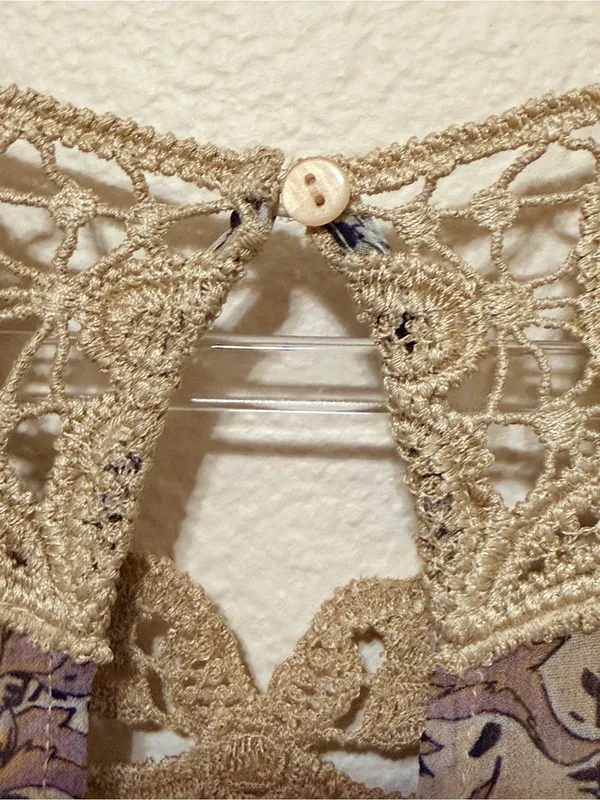 Free People Margot babydoll mini dress, bohemian printed crochet detail sz M - Image 6