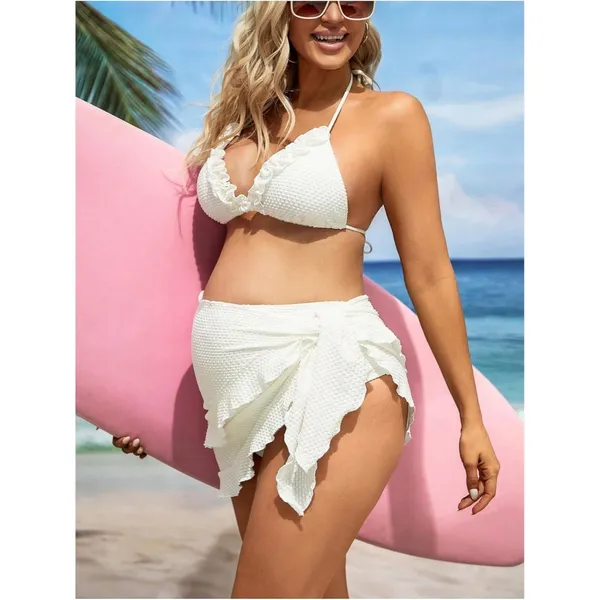 Maternity 3 Piece Swimsuit Textured Ruffle Halter Bikini Set w/ Skirt LARGE - Image 4