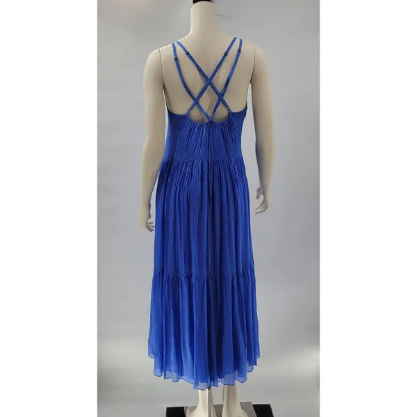 FRNCH Jailys Dress Womens M Blue Silk Viscose Criss Cross Open Back Tiered - Image 13