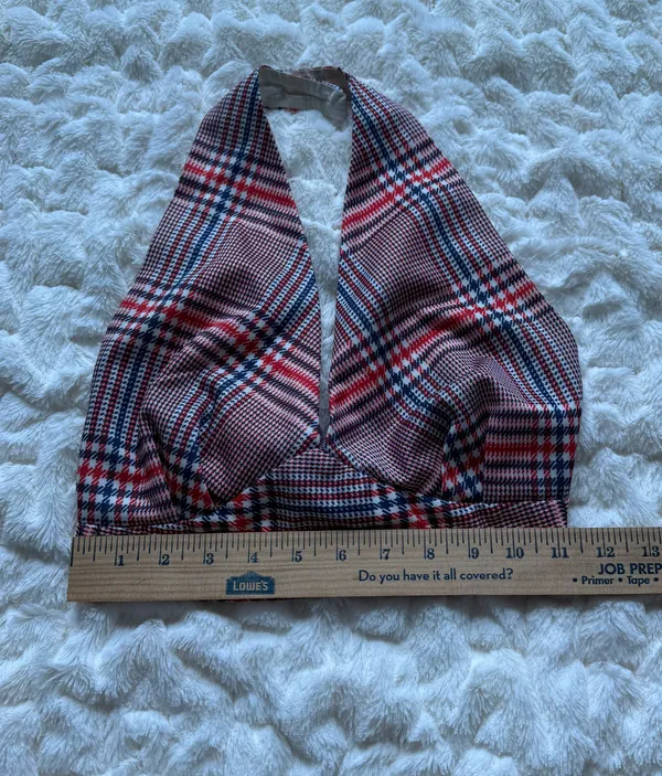 Red, White, Blue Plaid Vintage Halter Crop Top - Image 2