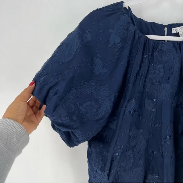 Ophelia Roe Navy Textured Floral Paisley Puff Sleeve Cropped Blouson Top‎ - Image 3