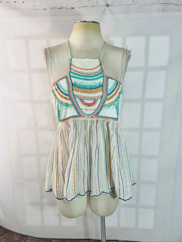Anthropologie Floreat Ivory Itzel Halter Embroidered Babydoll Tank Top Size 4 - Image 4