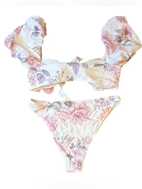 Cupshe XL Eden Floral Puff Sleeve Extra Cheeky High Waist Bikini Set NWT Swim - Image 2