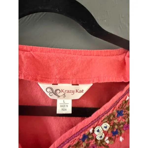 Krazy Kat Womens Coral Pink Embroidered Beaded Fairy 3/4 Sleeve‎ Cotton Tunic L - Image 3