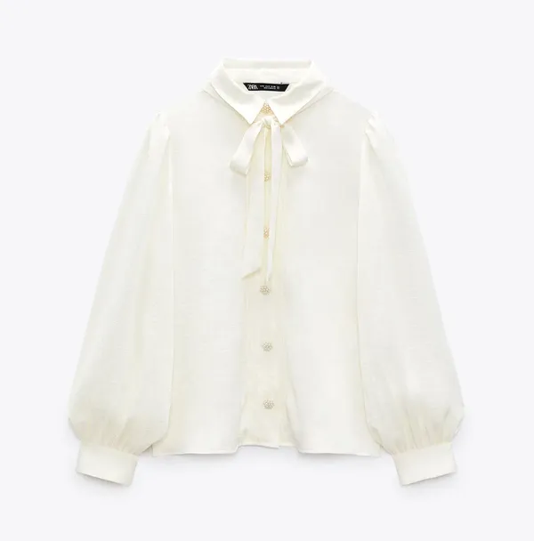 ZARA blouse shirt top satin effect jewel button neck bow - Image 5