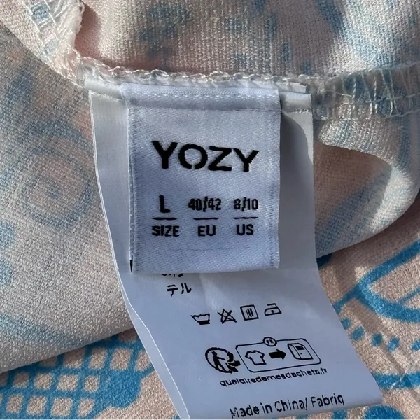 YOZY Pink Blue Palm Print Shirt Dress Belted Linen Blend Size L (8-10) - Image 9