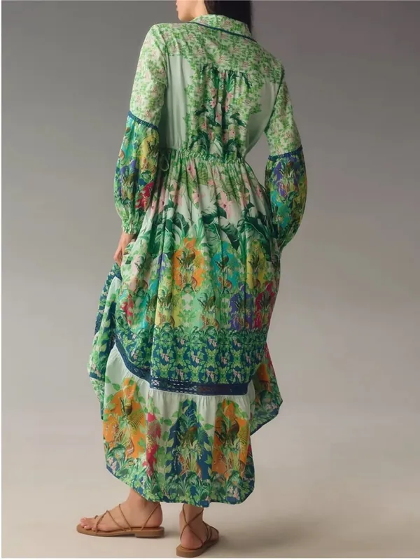 By Anthropologie Long-Sleeve Printed Maxi Shirt Dress in Green - Image 2